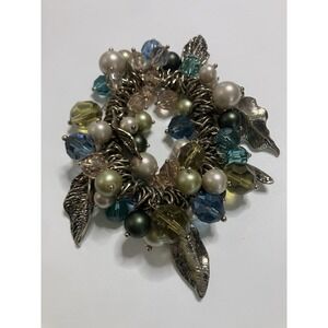 VTG Y2K Beaded Chunky Bracelet Pearl Leaves Botanical Gold Tone Fairy Boho